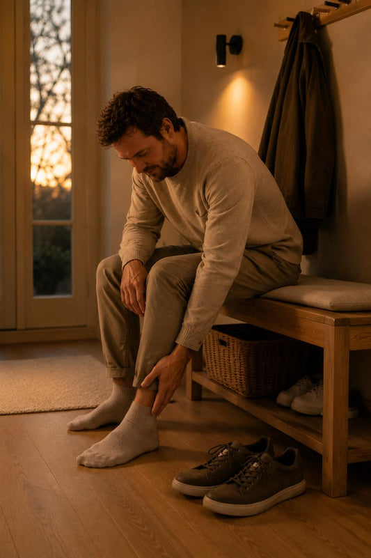 Man relaxing at home after a long day while holding his calf.